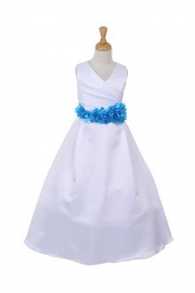 White/Turquoise Bridal Satin Flower Girl Dress with Removable Flower Sash 